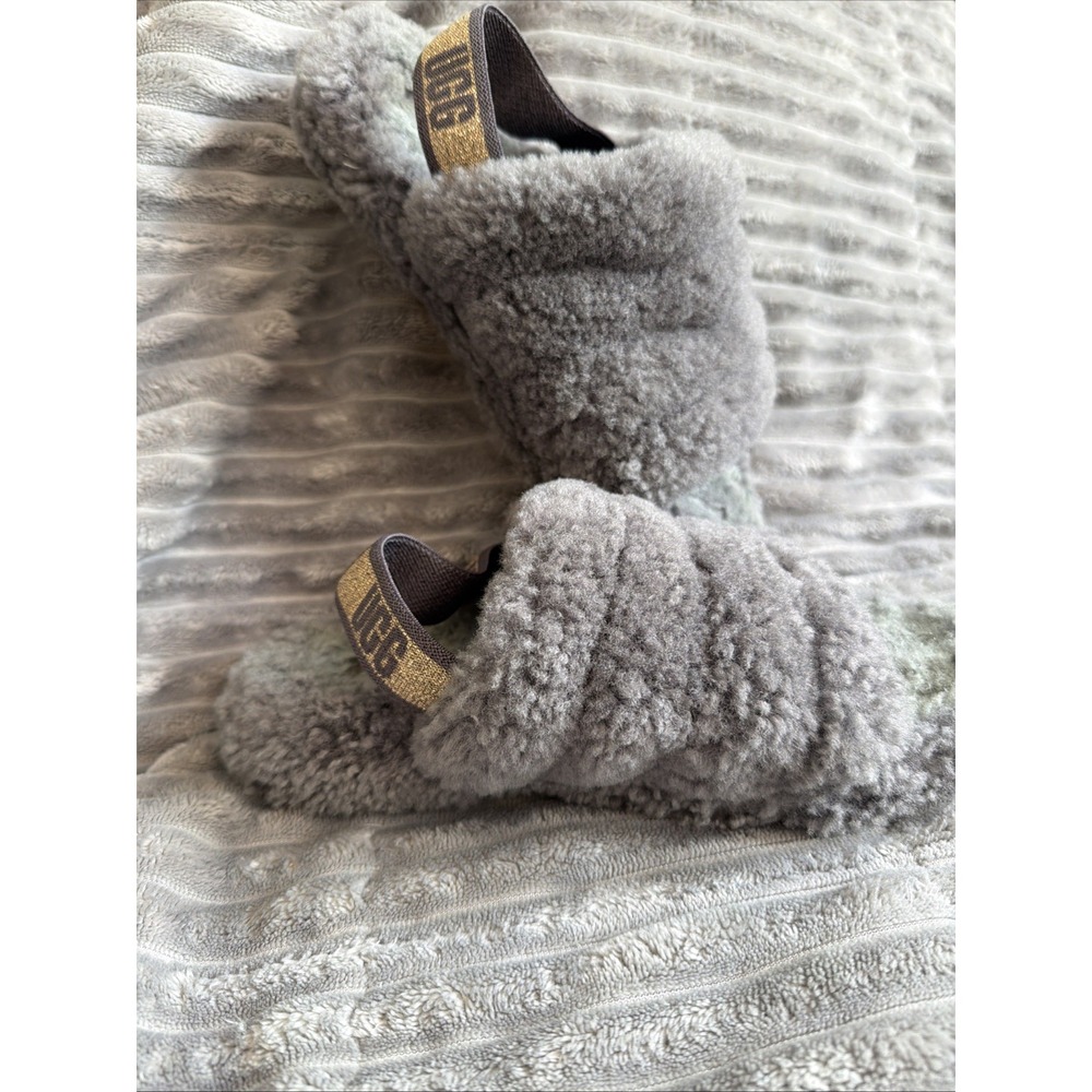 UGG Fluff Yeah Slide Shoes Youth‎ Size 4 Gray Fuzzy Slingback Slippers